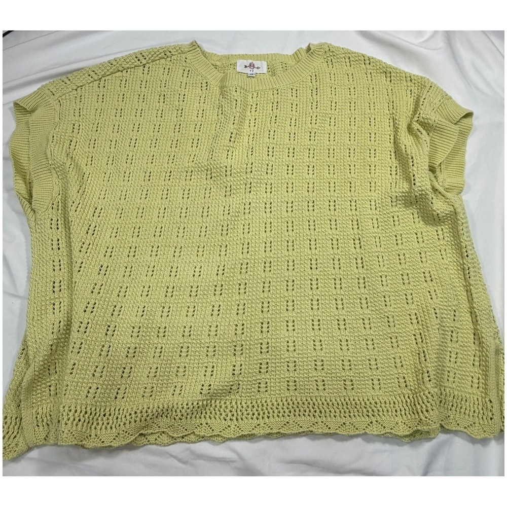 R2 Womens 1X Oversized Cotton Pointelle Knit Top Lime Green Scallop Hem PB9987